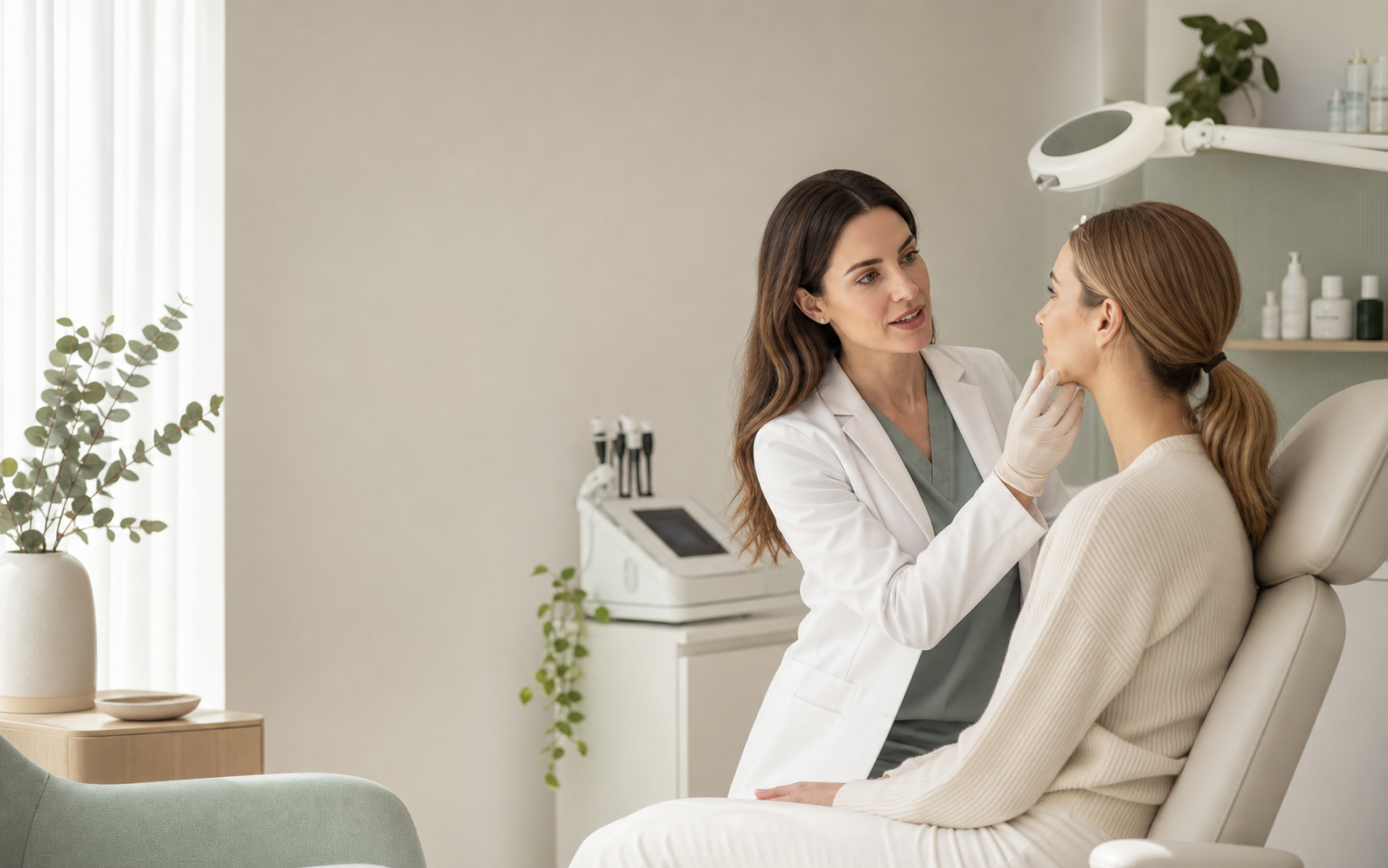 Dermatologist consulting with a patient in a calm treatment room