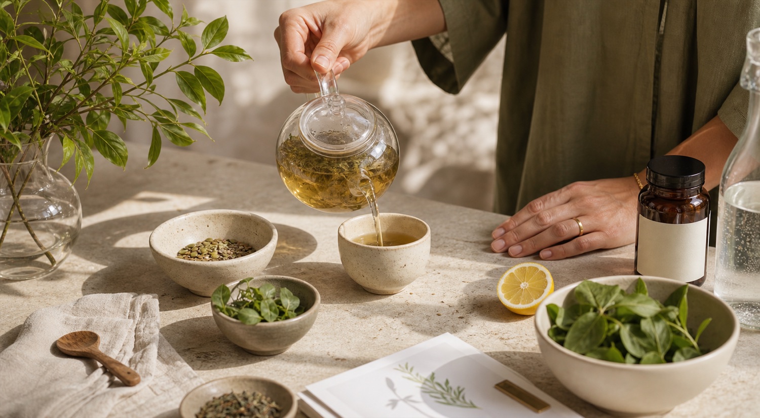 Botanical wellness ritual with herbal tea, greens and ceramic bowls