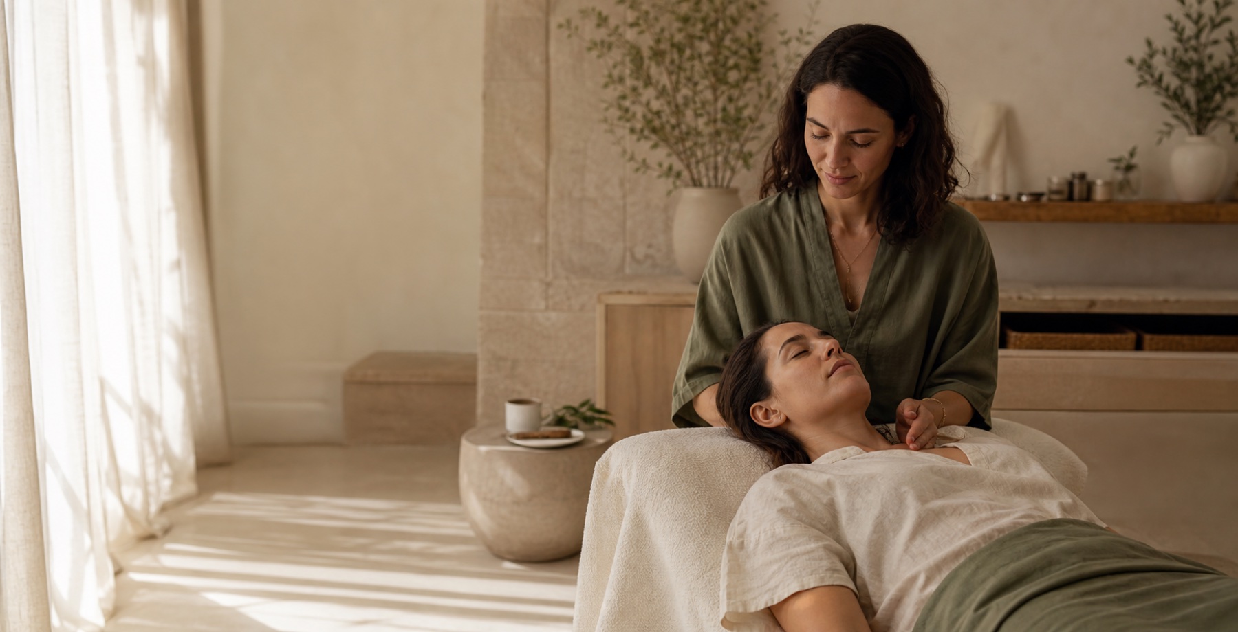Wellness practitioner guiding a relaxed client in a calm daylight studio