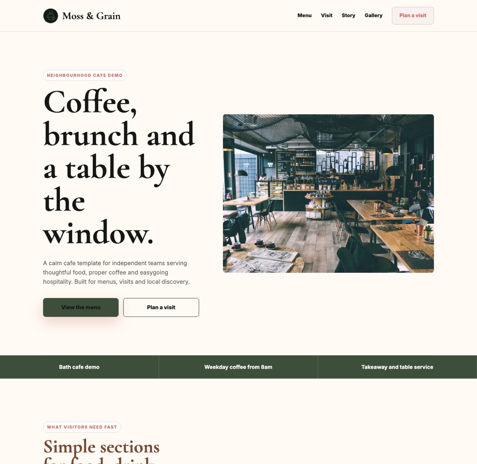Warm independent cafe interior with counter seating