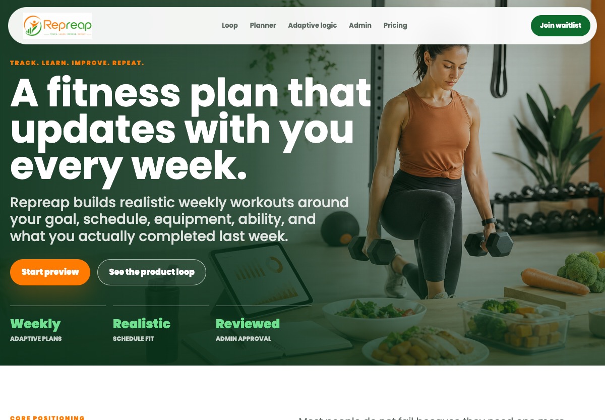Repreap adaptive fitness planning website preview