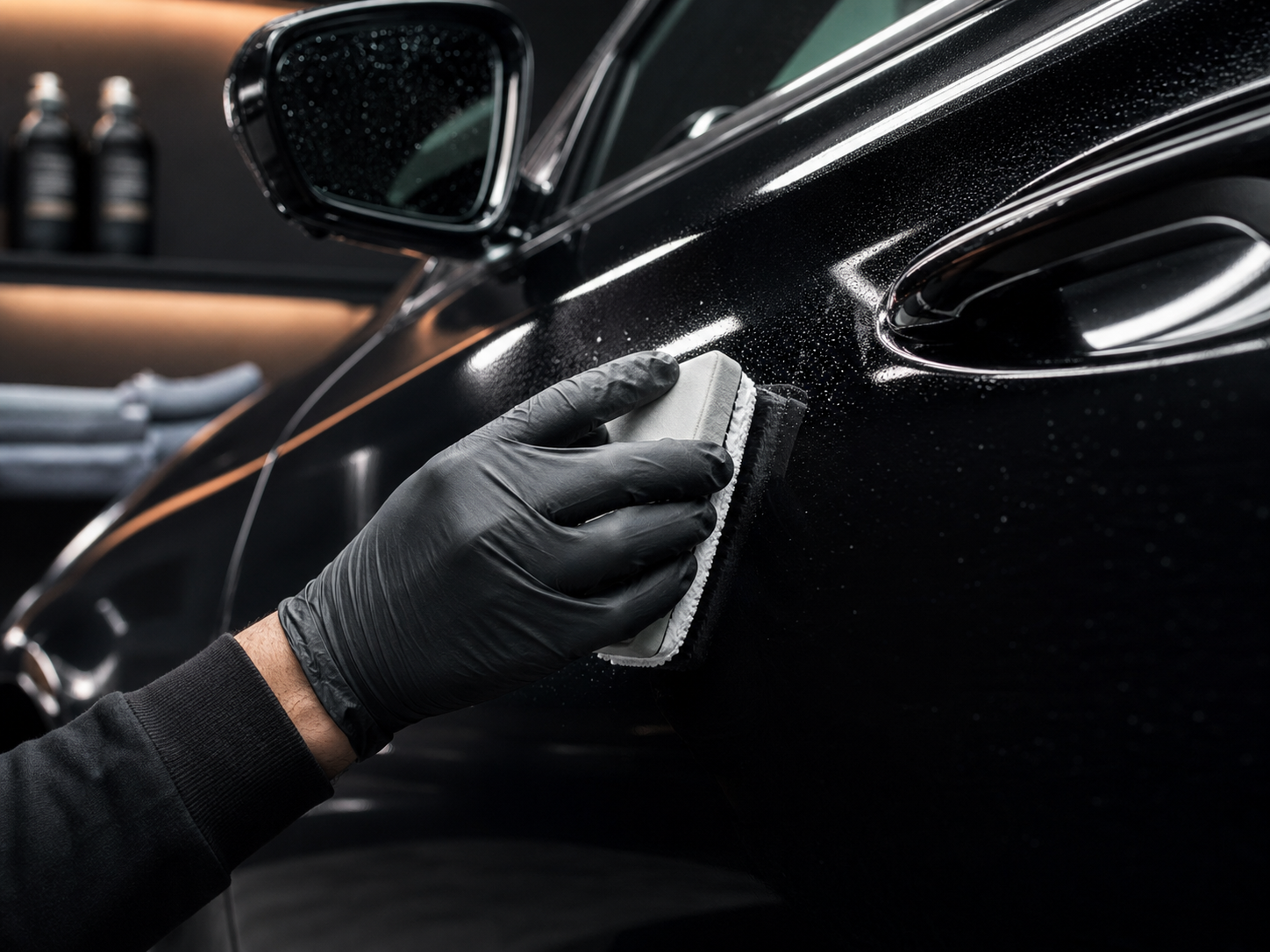 Gloved hand applying coating to a glossy black vehicle panel