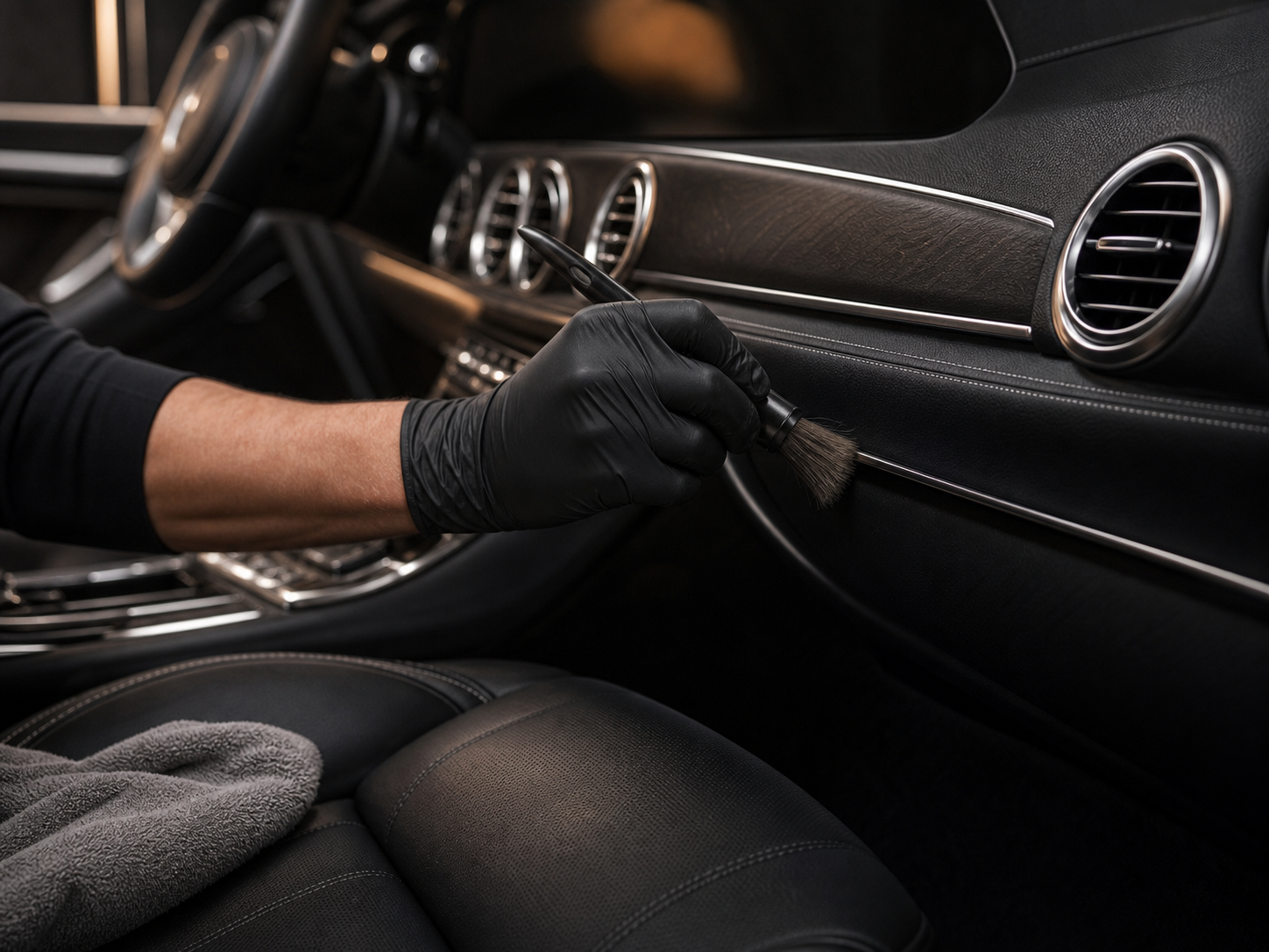 Car interior trim being cleaned with a soft detailing brush
