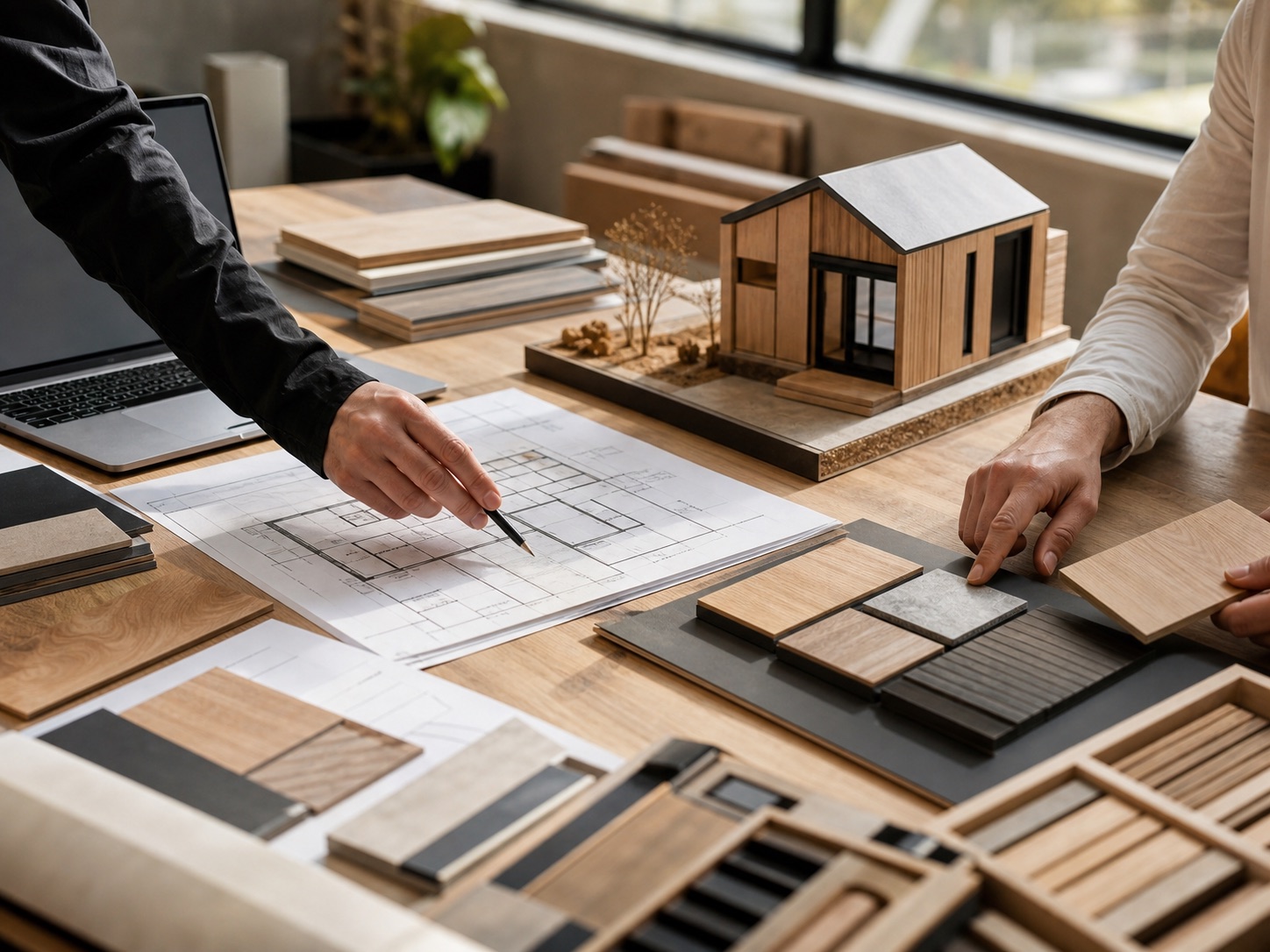 Architectural table with modular home plans, timber samples and a scale model