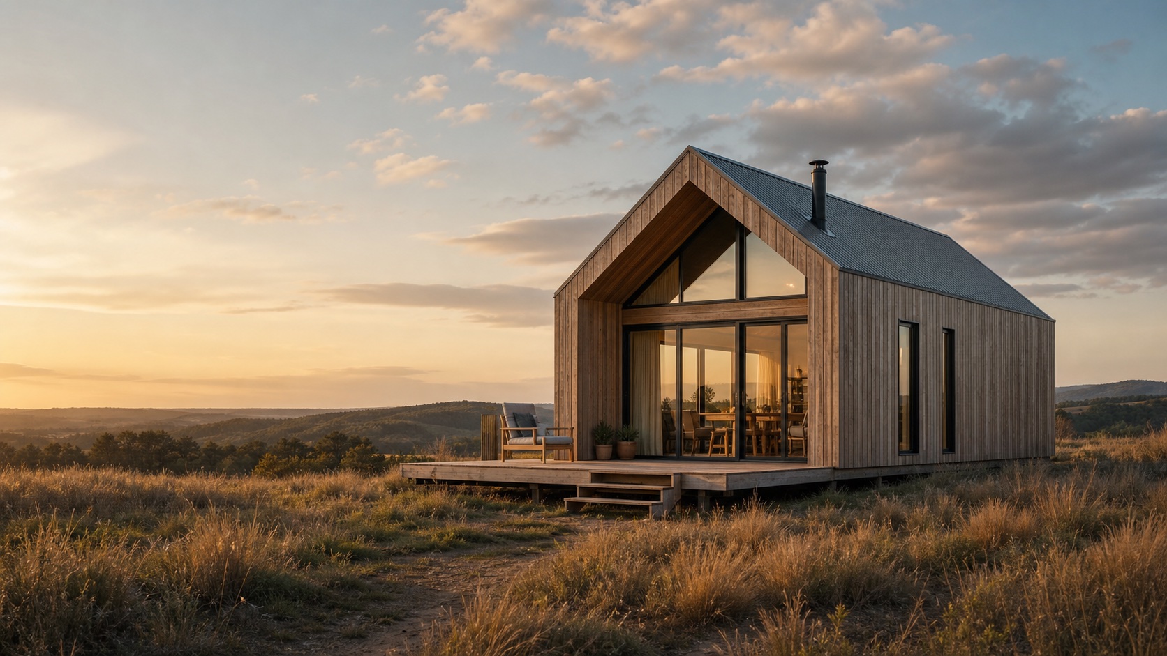 Timber-clad modular home on a quiet hillside at sunset