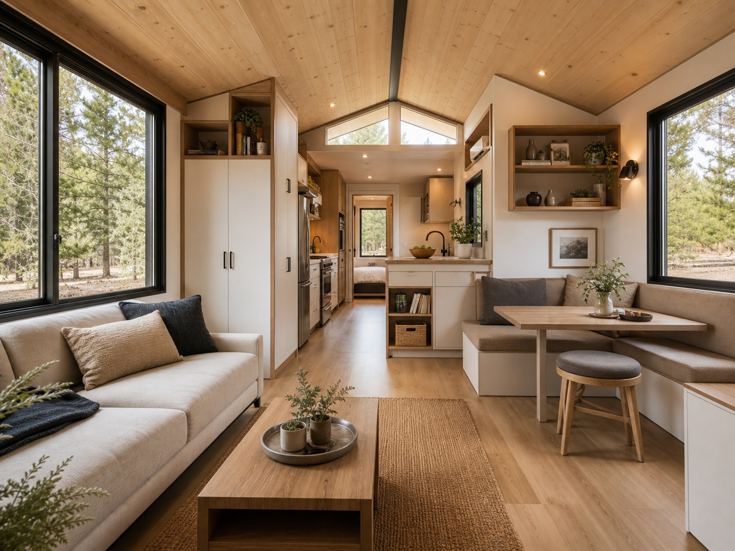 Light timber interior of a compact modular home with built-in seating and storage